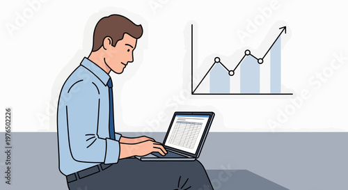 Man Working on Laptop with Upward Trend Graph.