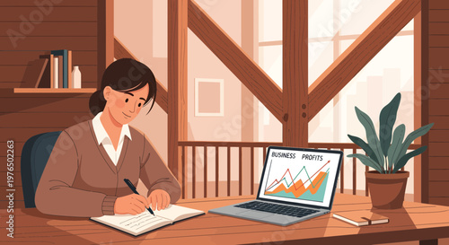 Woman working diligently at her desk with a laptop displaying charts.