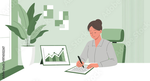 Woman working at desk with financial chart.