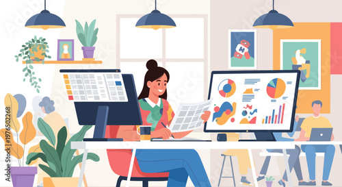 Woman working at desk with computer charts.