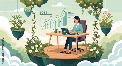 Woman working diligently at her desk in a serene office environment.