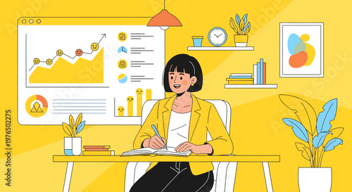 Woman working diligently at her desk with charts and graphs.