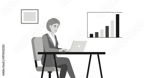 Woman working diligently on laptop at office desk.