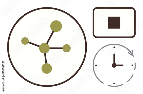 Network connections, time management, workflow, digital systems, data analytics, user interface. A network graph, clock symbol with an arrow and a square stop button. Network connections and time