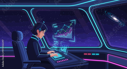 Young person working on futuristic spaceship console.