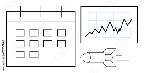 Business planning, progress tracking, growth strategy, project management, productivity, financial goals. A calendar, upward-trending chart and rocket. Business growth and progress tracking concept