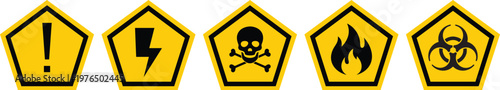 "Yellow Pentagon Warning Sign Set with Exclamation, Electric, Skull, Fire and Biohazard Symbols — Danger, Hazard, Safety and Caution Alert Icon Collection Concept"