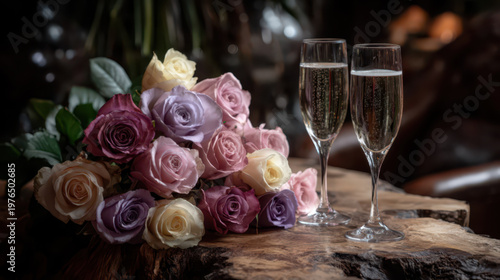 A wonderful bouquet of flowers for Mother's Day and glasses filled with champagne on a natural rough wooden table