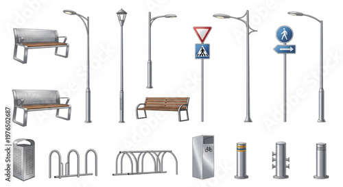 City Street Furniture Vector Silhouettes Bench Lamp Traffic Sign Stainless Steel Urban Design Set