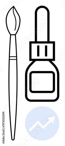 Art, creativity, growth, progress, innovation, tools. Paintbrush and dropper bottle with upward trend arrow. Art and creativity exploration and expression