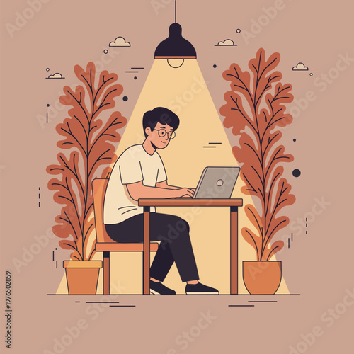 Modern Work From Home Freelancer Using Laptop in Cozy Indoor Workspace Illustration