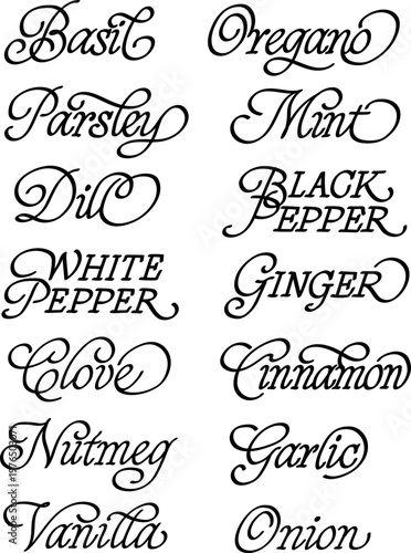 Calligraphic names of spices on a white background. Two columns, black italics, decorative swirls, typography for labels and menus.