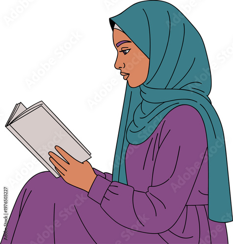 A woman wearing a hijab reads a book on transparent background