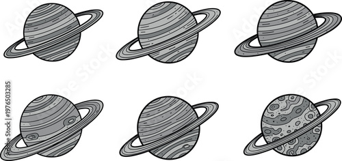 A set of six planets with rings on transparent background