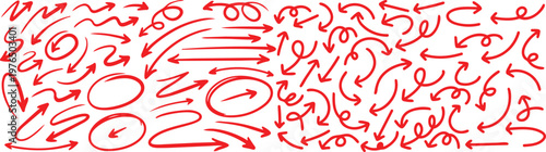 Dynamic Red Arrows: A collection of various hand-drawn, red arrows pointing in all directions, offering a versatile visual element for your designs.