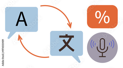 Language learning, translation tools, communication, global connectivity, technology, speech recognition. Speech bubbles, arrows microphone percentage sign. Language learning and translation tools