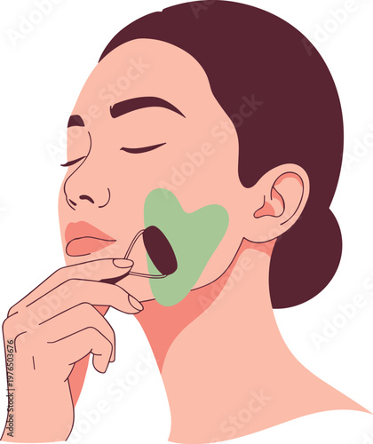 A woman applying a jade roller to her face on transparent background