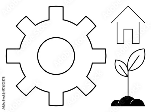 Sustainability, growth, innovation, technology, home development, environmental stewardship. A gear, house and plant progress and eco-friendly concepts. Sustainability and growth