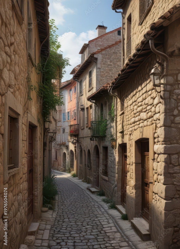 Fototapeta premium Historic stone walls and vaulted roofs of traditional Lyonnese houses on a narrow street in Vieux Lyon, vaulted roofs, lyonnese style