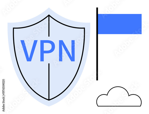 Online security, data encryption, cloud technology, virtual safety, internet privacy, cybersecurity. Shield with VPN text, blue flag and cloud icon. Online security and data encryption