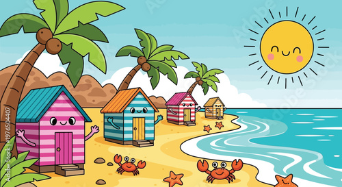 Colorful beach huts and crab.