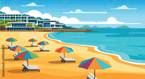 Colorful beach umbrellas on sand.