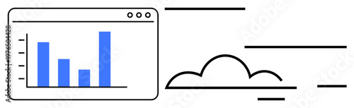 Data analytics, cloud computing, business intelligence, tech solutions, digital transformation, online platforms. Bar chart in a browser window and a cloud. Data analytics and cloud computing concept