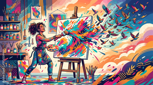 Artist's Vibrant Imagination Unleashed A Woman Painting a Dreamy Sky with Birds Taking Flight Amidst a Splendor of Color and Creativity