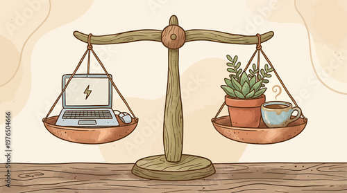 Work-Life Balance Concept Laptop  Plant on a Scale Displaying the Need for Equilibrium in Life and Career Digital Balance Graphic Representation.