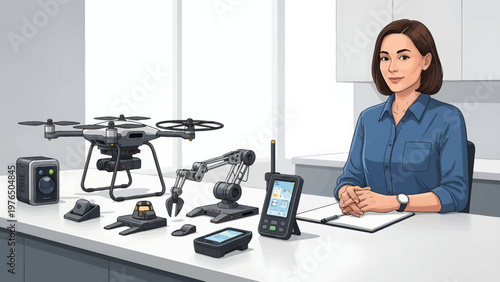 Woman with advanced technology and robotics on table.