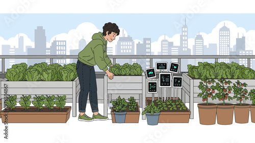 Young Person Tending to Urban Rooftop Garden Plants.