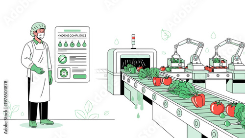 Automated Food Processing Plant with Worker and Technology.