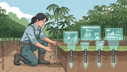 Agronomist examining plant roots with advanced technology.