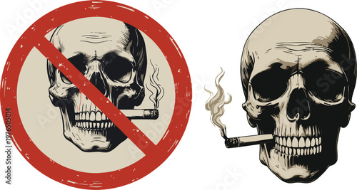 Anti-Smoking Sign Skull Vector, Red Prohibition Sign, Danger to Health Advocacy, Medical Awareness Illustration for World No Tobacco