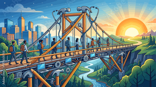 Conceptual Bridge of Progress Diverse Group Crossing Architectural Structure Towards Sunrise Representing Growth Development  Successful Transition in Business and Personal Journeys.