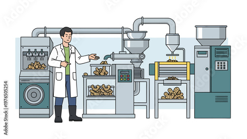 Scientist Inspecting Food Processing Machinery.