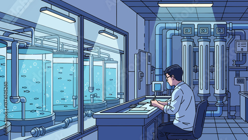 Scientist working in a modern laboratory with fish tanks.