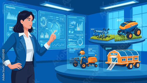 Woman Interacting with Futuristic Agricultural Technology Displays 1.