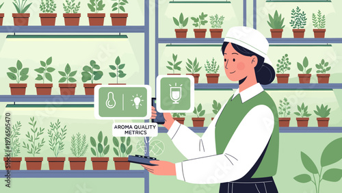 Woman Scientist Monitoring Plant Growth in Greenhouse.