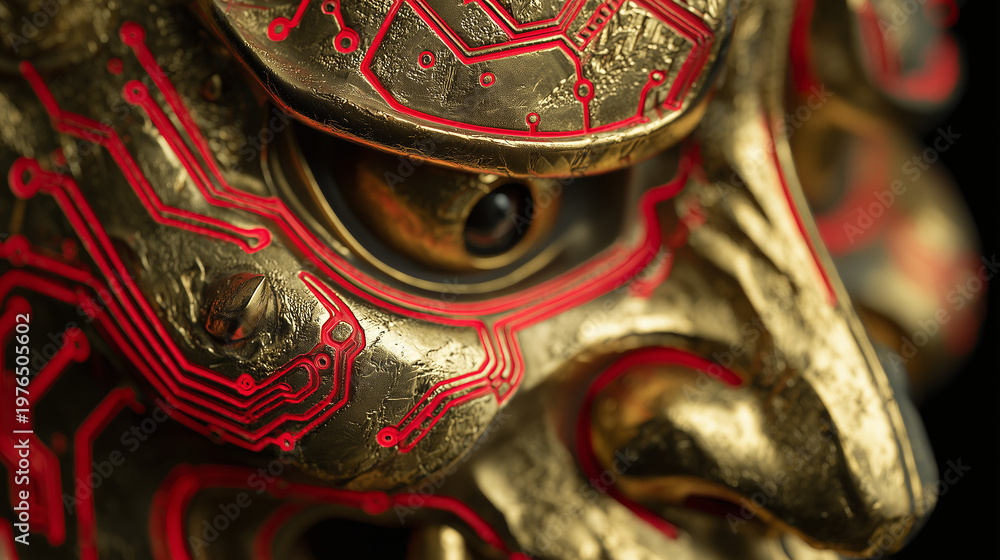 Fototapeta premium Macro photography of a Hannya mask surface featuring intricate gold leaf and glowing red digital circuit etchings.