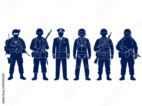 Silhouette of diverse military personnel in uniform