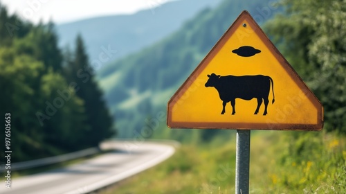 A sign on a mountain road with an image of a cow and a flying saucer hovering over it. An unusual warning that evokes associations with UFOs and abductions.