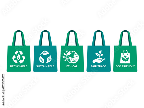 Eco-friendly reusable shopping bag concept. Bags feature symbols for a greener planet