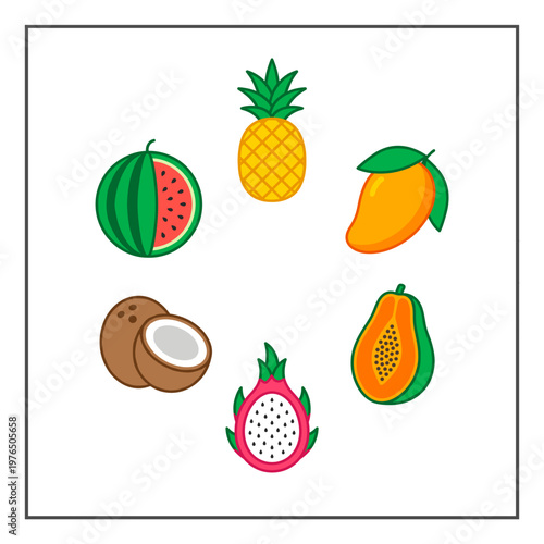 A vibrant array of colorful tropical fruits displayed in a circular pattern. The image includes watermelon, pineapple, mango, papaya, coconut, and dragon fruit
