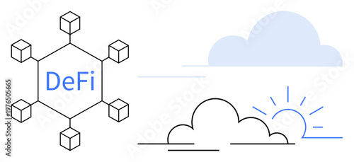 Decentralized finance, blockchain, digital economy, cryptocurrency, fintech, innovation. Hexagonal node network labeled DeFi and illustrated clouds with rising sun. Decentralized finance