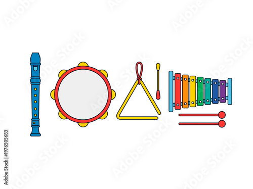 A collection of various musical instruments, arranged and illustrated on display. Each instrument shows distinctive detail