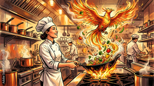 Fiery Culinary Fusion A Chef's Gourmet Creation with a Phoenix Rising from the Wok Symbolizing Passion and Flavor in a Professional Kitchen Scene Artwork