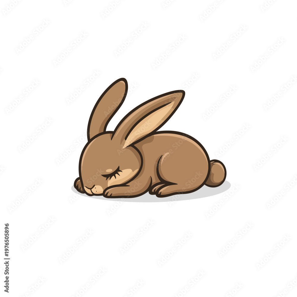 Fototapeta premium A cute, cartoon-style rabbit is curled up asleep with its eyes closed, resting on a white background