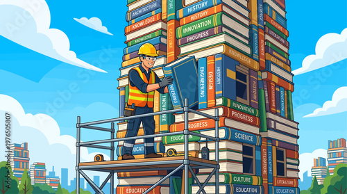 Architect Constructing Tower of Knowledge Cartoon Construction Worker Assembling a Skyscraper Structure of Textbooks Education and Learning Concepts in an Urban Setting.