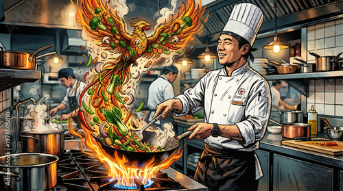 Culinary Masterpiece Asian Chef Conjures Fiery Phoenix of Flavorful Stir-Fry Amidst Bustling Kitchen's Culinary Alchemy Symbolizing Culinary Excellence and Gastronomic Artistry.